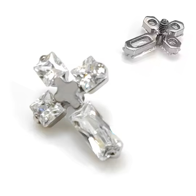 Hot Sale Labret ASTM F136 Titanium CZ Cross Internally Threaded Top Lip Helix Ear Stud Piercing Jewelry