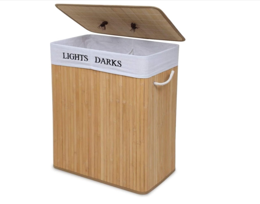 Laundry Basket Bamboo Foldable Laundry Storage Bin 2 Sections Laundry Hamper