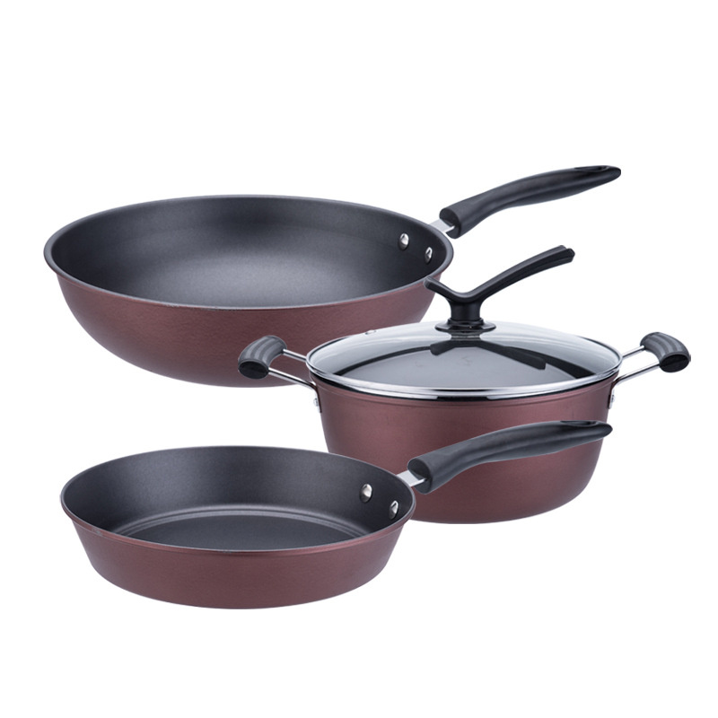 Korean Style Flat Bottomed Non Stick Pan Frying Pan Soup Pot Wok 3-Piece Cookware