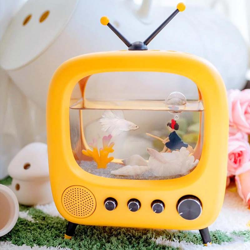 Small Betta Fish Tank, TV Shape Aquarium Tank Kit with LED Lighting Thermostatic Filter Stackable Beta Fish Tank Set, Fish Bowl