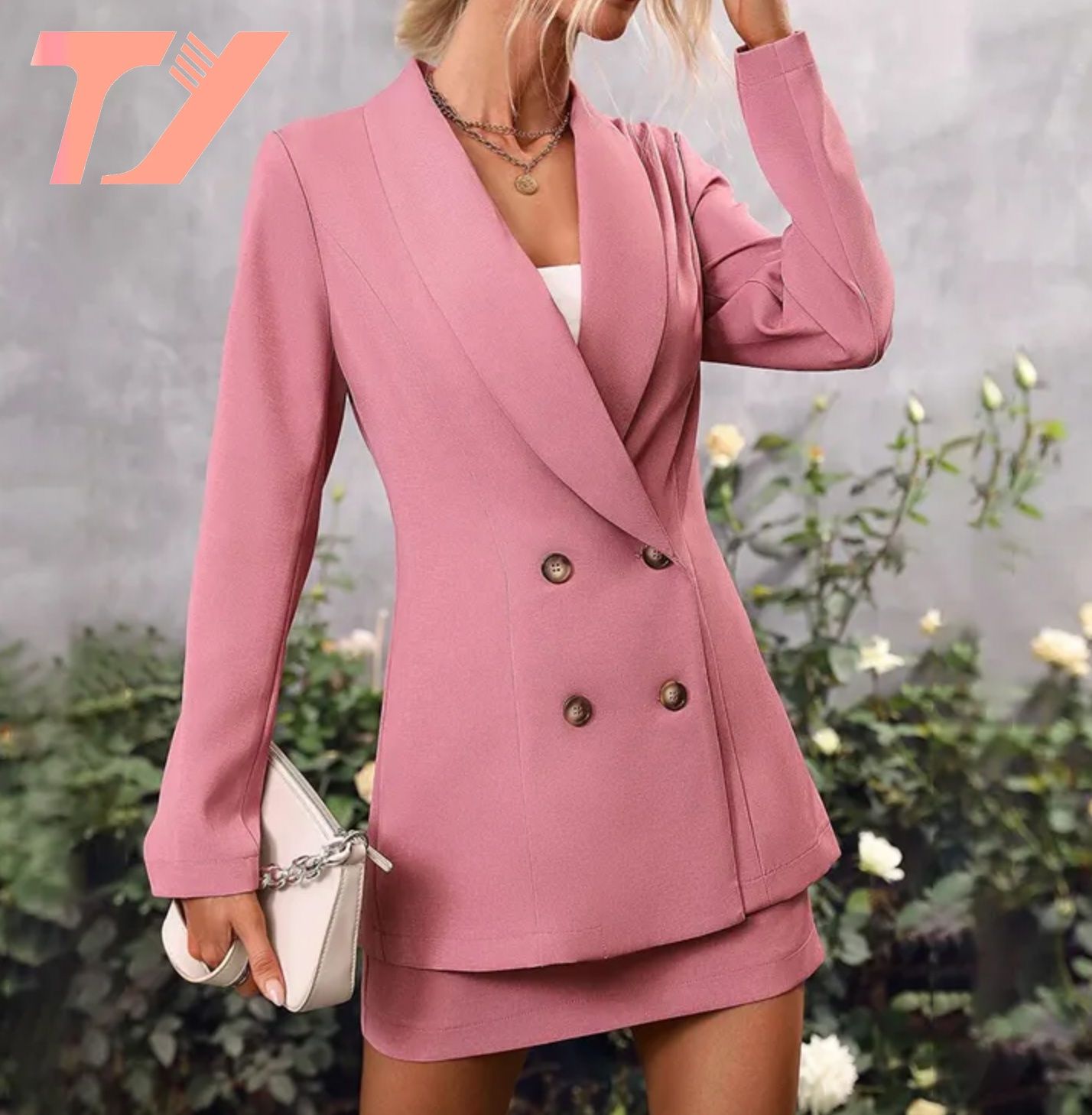 Summer Pink Casual Business Lapel Blazer Front Button with Skirt Long Sleeve Cotton Coat for Work Office Lady