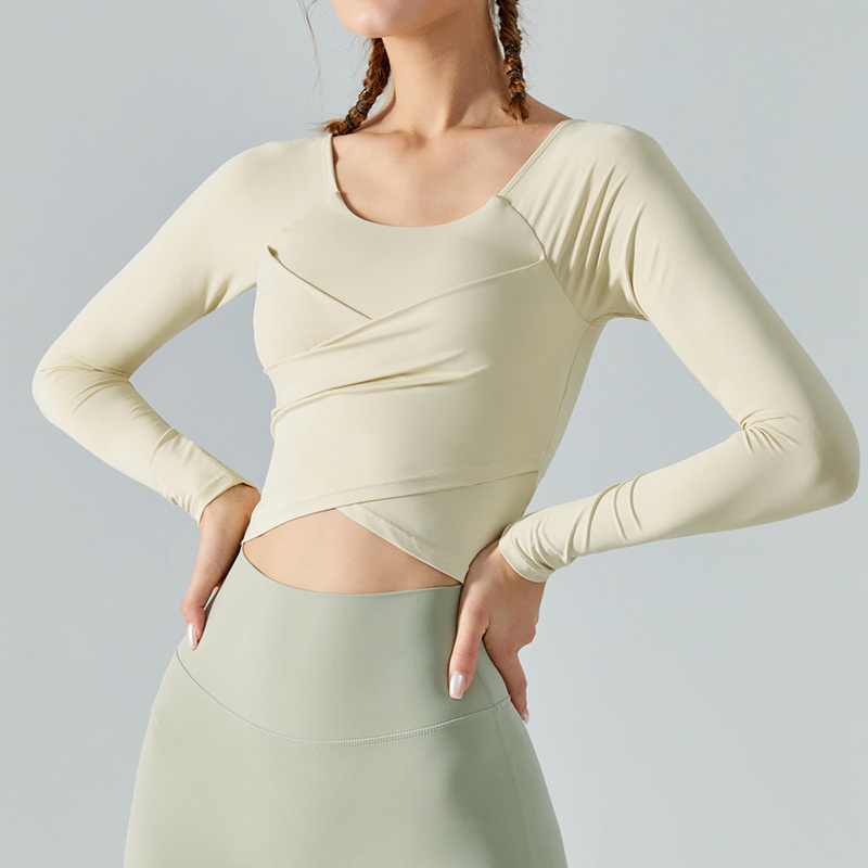 Qumor Fashion Women Yoga Suit Long Sleeves Chest Pads Slim Waist Sports Top Fit T-Shirt