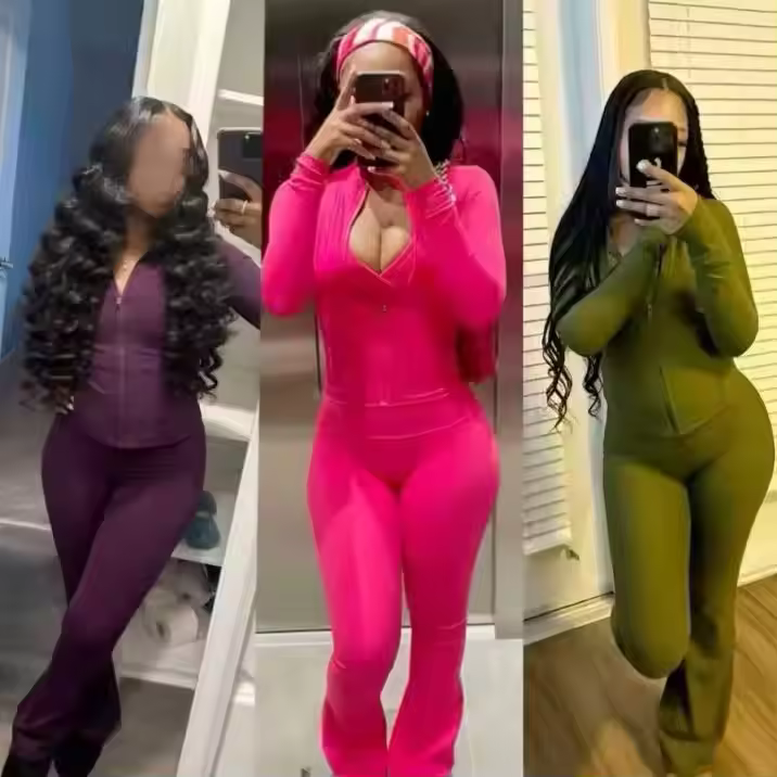 Autumn Winter Casual Zip Patchwork Jacket Top Top Bodycon Pants Set Sports Outfits For Women 2 Piece Set