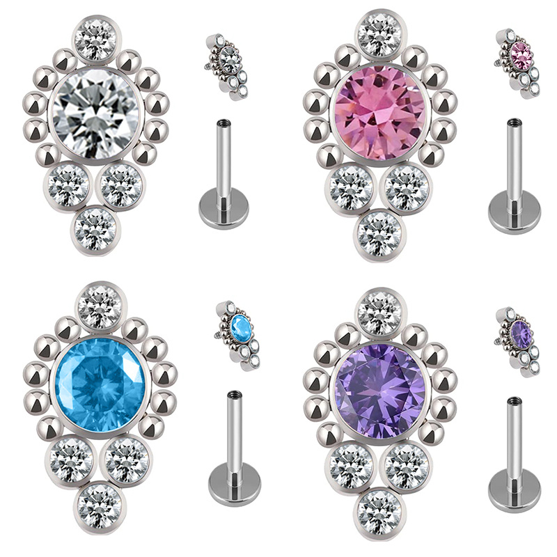 Fashion Hot Sale ASTM F136 Titanium 5 Clear CZ and Ball Clusters Surrounding Top Labret Earring Piercing Jewelry