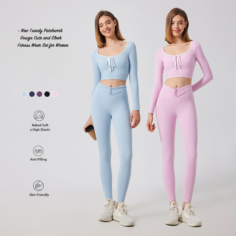 OEM & ODM Ladies 2PCS Premium Matching Athletic Lounge Sets Long Sleeve Yoga Crop Top + High Waist Gym Leggings Trendy Going out Sportswear