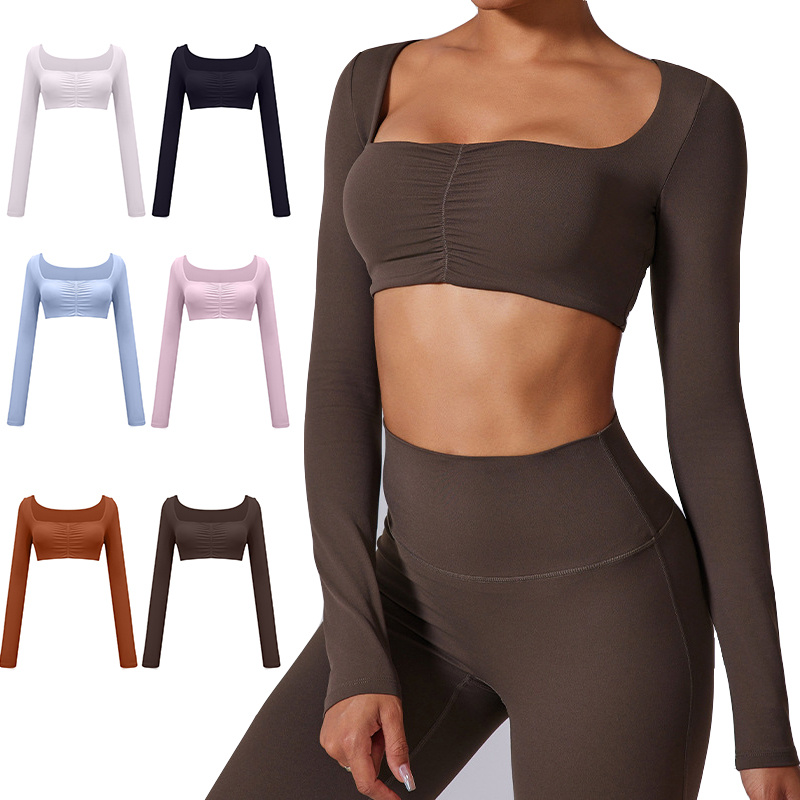 Sexy Square Neck Gym Crop Top for Women Running Sports Shirts Fitness Wear Workout Tops Pleated Solid Long Sleeve Yoga Top