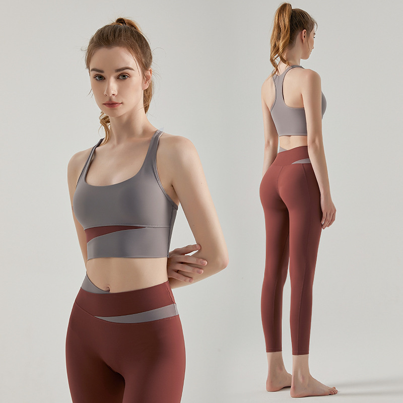 Wholesale Factory Fitness Color Block High Waist Leggings Yoga Bra Set Wholesale Running Fast Dry Top Bra Shockproof Sports Yoga Suit Clothes Vest Yoga Set