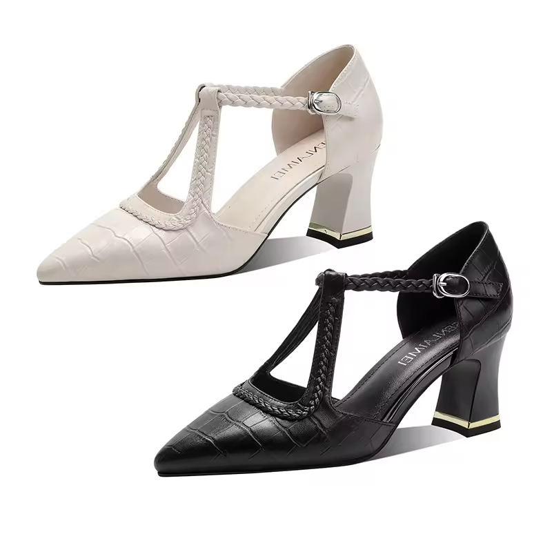 Luxury Women's Croc Embossed T-strap Pumps With Braided Detail And Square Heel Oem/odm Customizable Summer Autumn