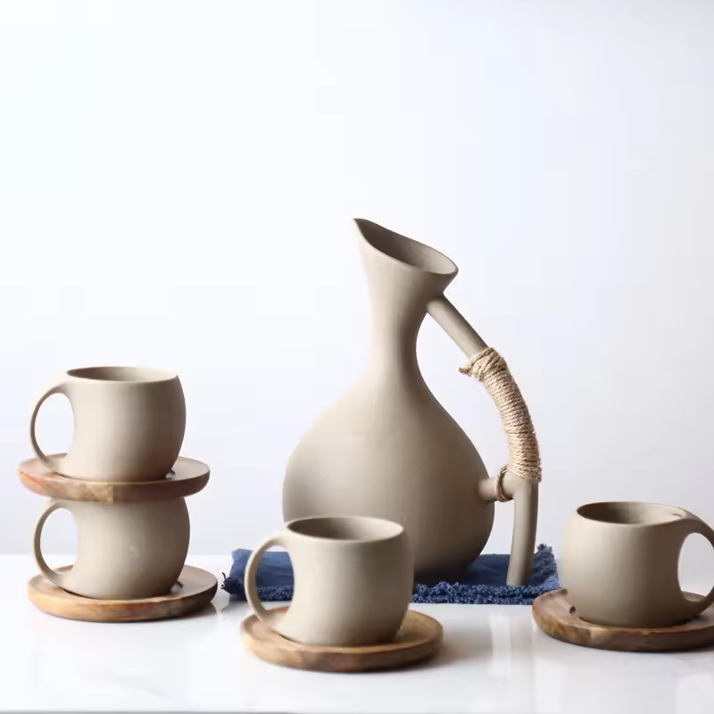Nordic Marble Tea Set Ceramic Teapot And Cup With Wooden Handle Creative Kettle And Coffee/water Cup For Afternoon Tea