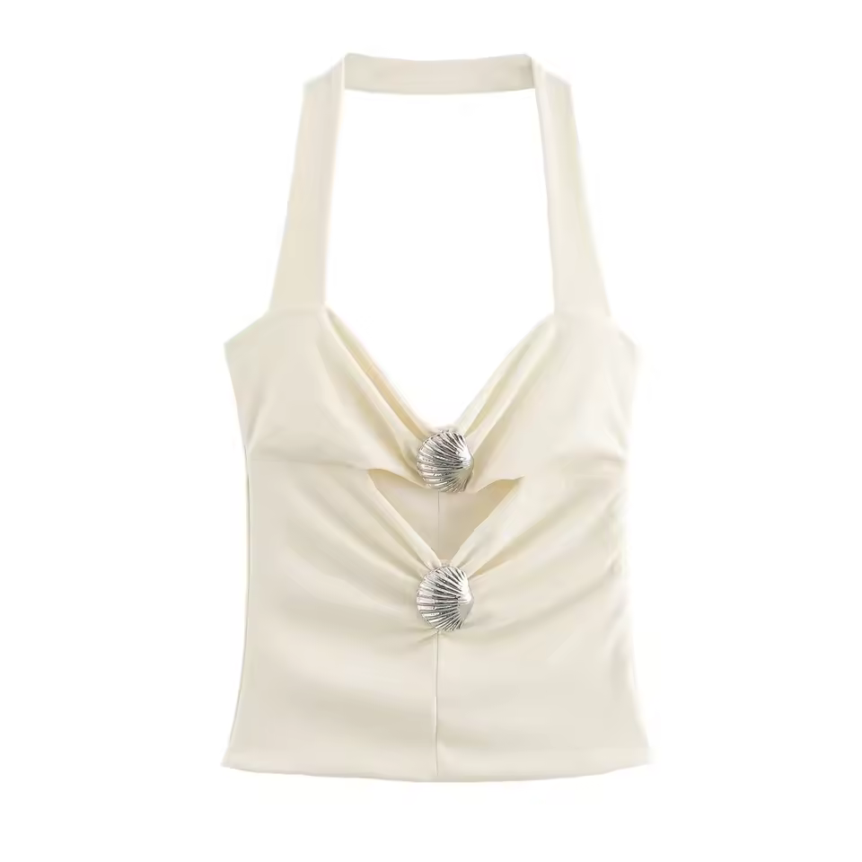 Kar&ot Za 2024 Summer New Slim Fit Sexy Open Design Shell Inlaid Halter Neck Backless Top 4764010