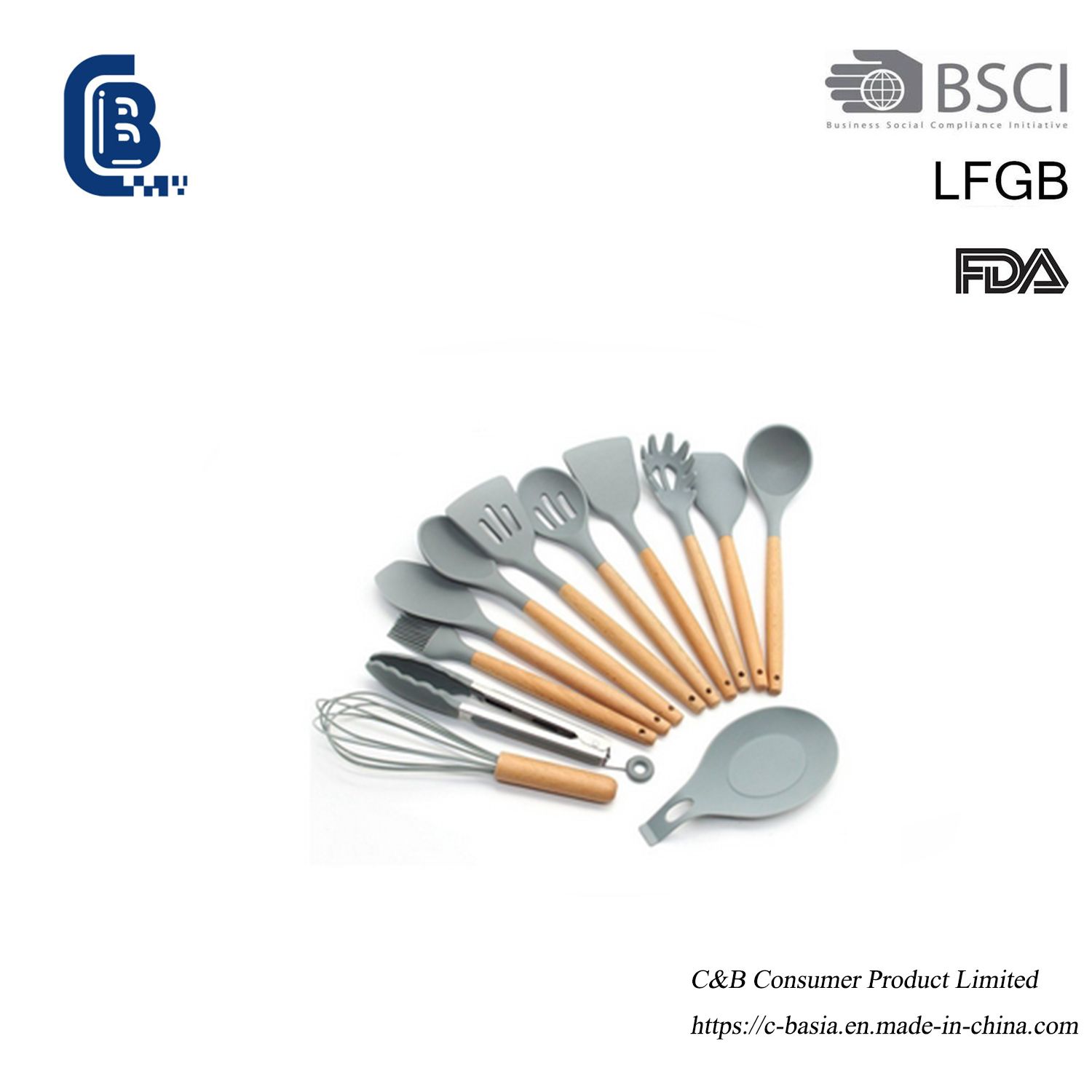 Wood Handle Silicone Kitchen Utensils Set - Cooking Gadget Cookware