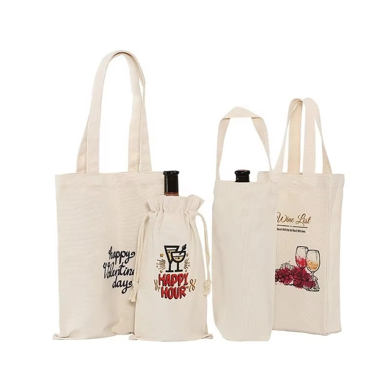 Popular Wedding Gift Canvas Wine Tote Bag with Drawstring Pocket for Wine Packaging for Shopping