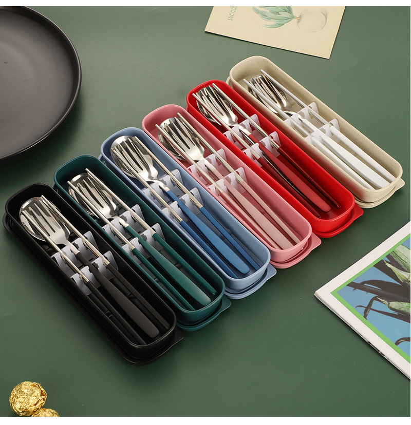 Stainless Steel Portable Cutlery Set with Fork, Spoon and Chopsticks. Korean Style Three-Piece Set. Outdoor Gift for Students. Customizable with Printed Logo.