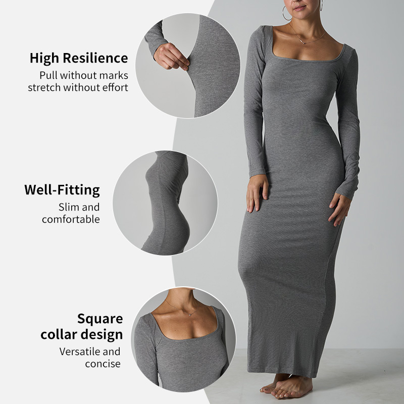 Long Sleeve U-Neck Tummy Control Butt-Lifting Slim Fit Modal Rib Dress Homewear Casual Package Hip Skirt