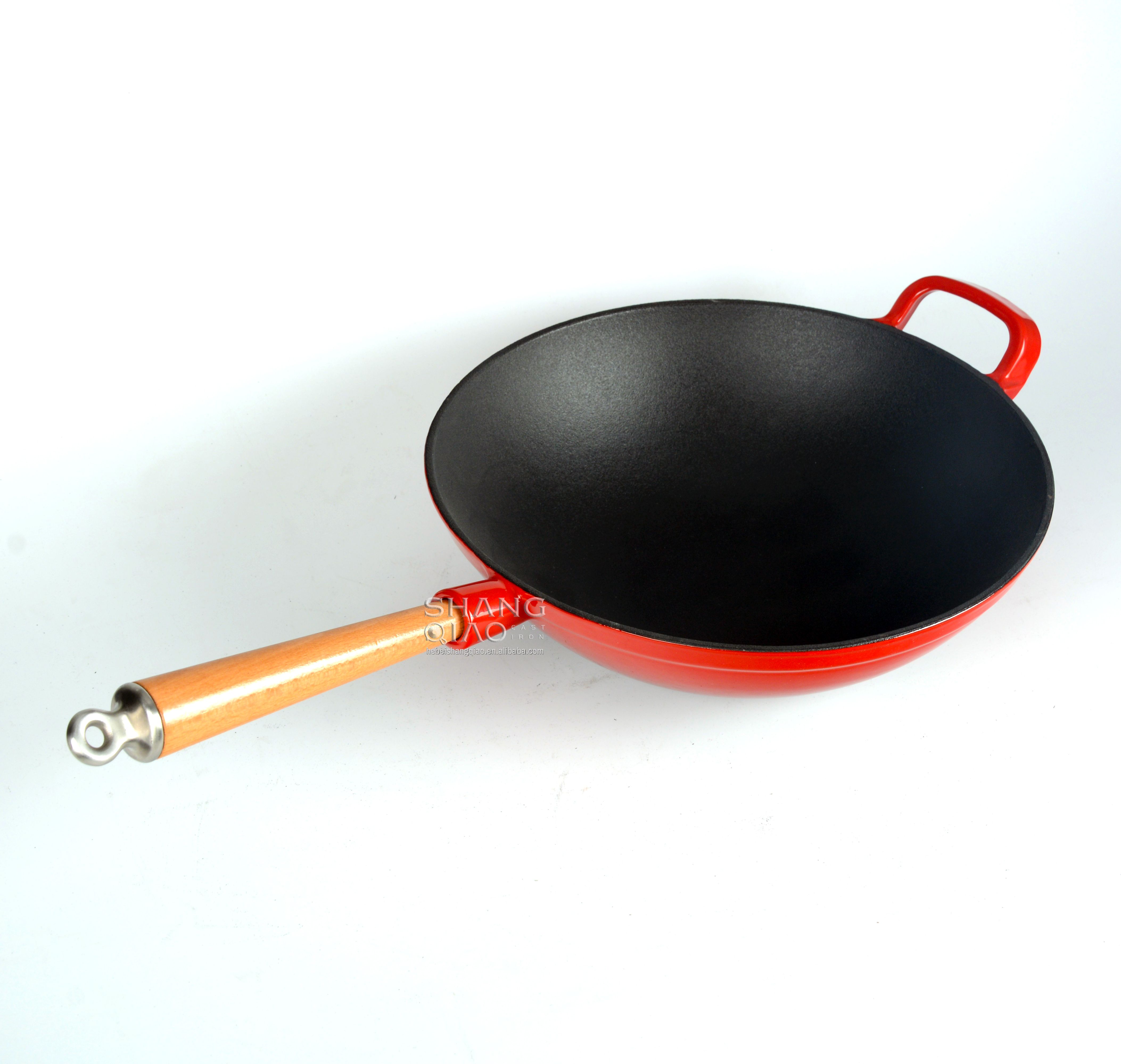 Hot Selling 12 Inch Enamel Chinese Wok with Removable Wooden Handle Large Fry Pan