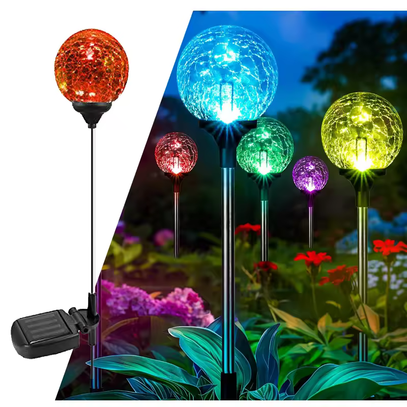 Solar Powered Crackle Glass Ball Garden Lights Outdoor Yard Decoration Color Changing Pathway Landscape Lighting