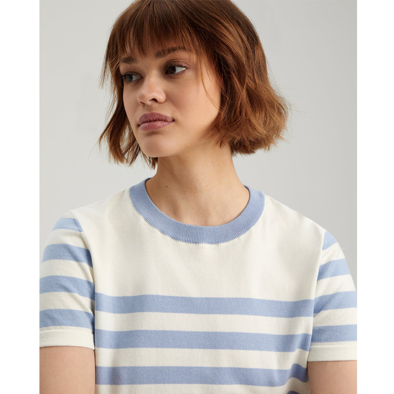 Fashion Women's Short-Sleeve Striped Sweater Crew Neck Summer Knit Top for Daily Wear