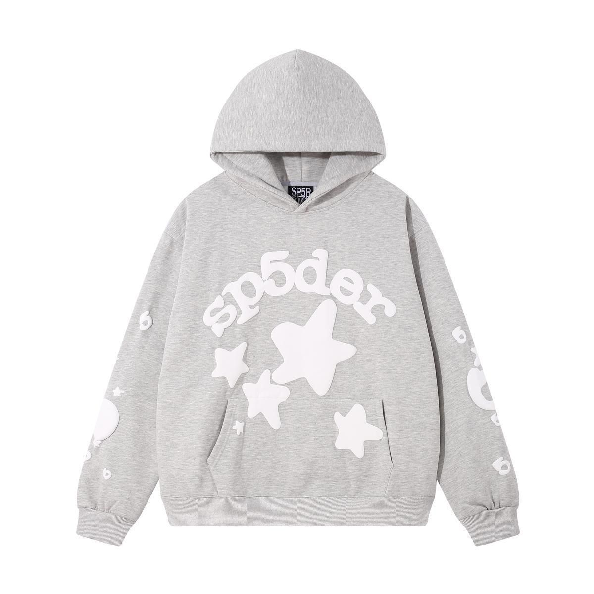 Grey Sp5der Hoodie Factory Wholesale Cozy Fleece Inside Urban Street Fashion Style