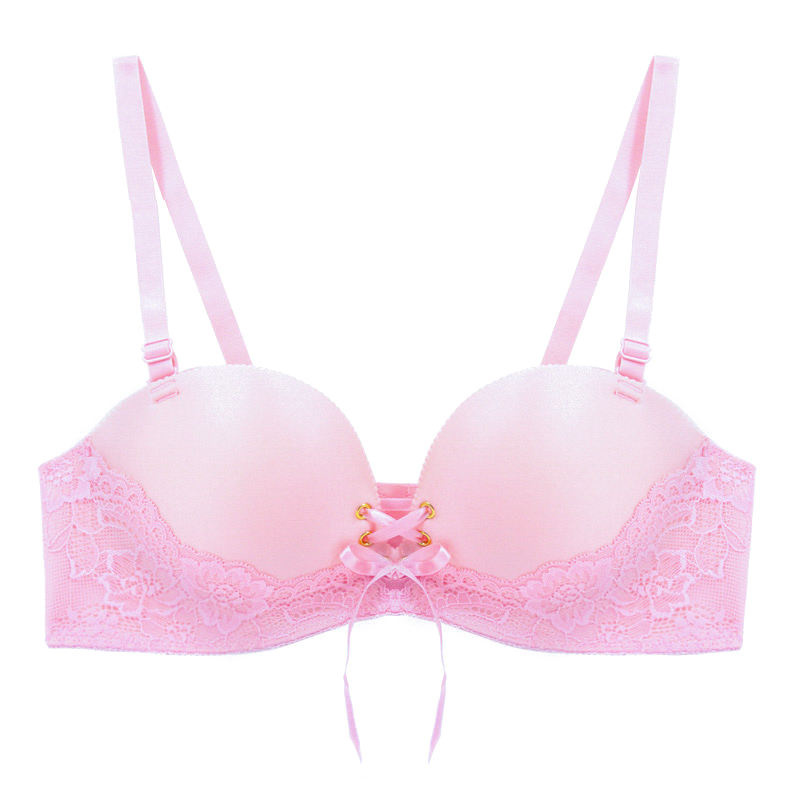 Sweet Lace Drawstring Push up Bra Add Cup Pink Wireless Padded Bras