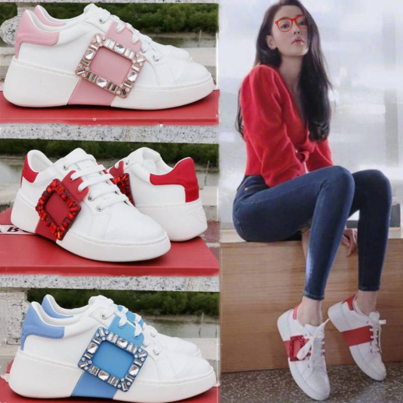 2024 White Shoes for Women Thick-Soled Rhinestone Square Buckle Sports Shoes Versatile Casual Flat Shoes