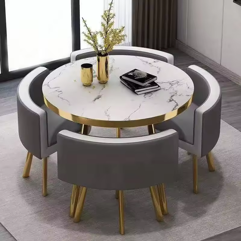 Favorable Space Saving Mini Tables Simple Mdf Wood Marble Top Gold Metal Frame Living Room Furniture Dining Table With 4 Chairs