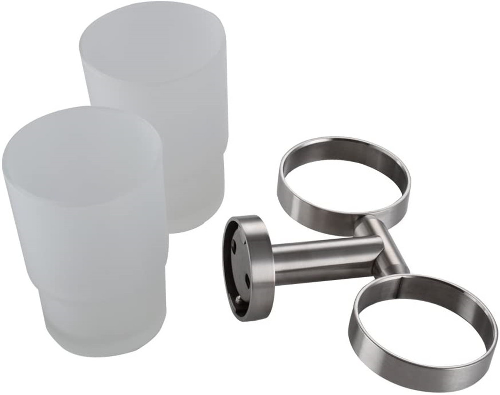 Flat Base Glass Double Toothbrush Holder with Frosted Glass Cup Set