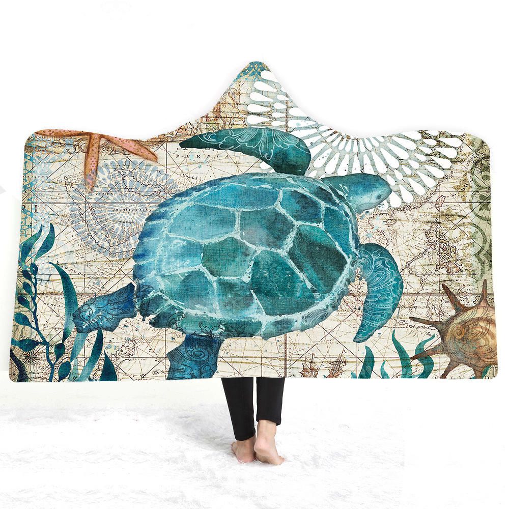 Wholesale Polyester Blue Vintage Aquatic Creatures Pattern Printed Hippie Hanging Tapestries Hoodie Blanket
