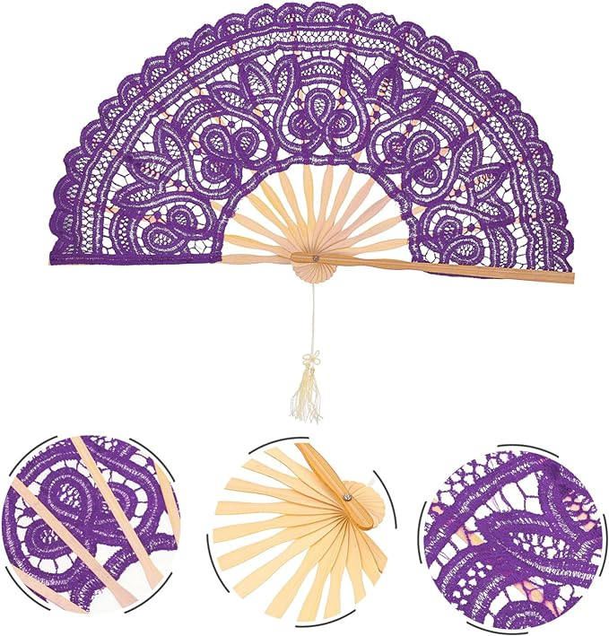 Factory Price Purple 27cm Bamboo Cotton Lace Folding Fan for Party Dance