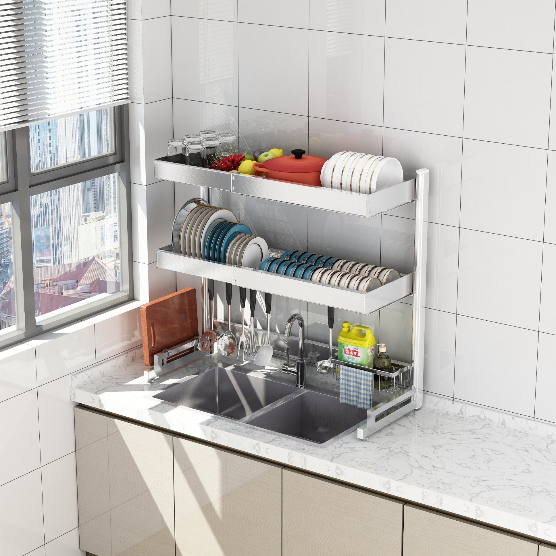 Versatile Kitchen Shelf Organizer with Retractable Dish Drying Rack
