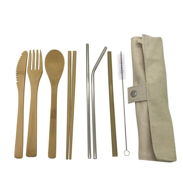 White Cloth Package Set: Bamboo Knife, Fork, Spoon, Chopsticks, Straws, Stainless Steel Straight & Bent Straw Brush, Toothbrush