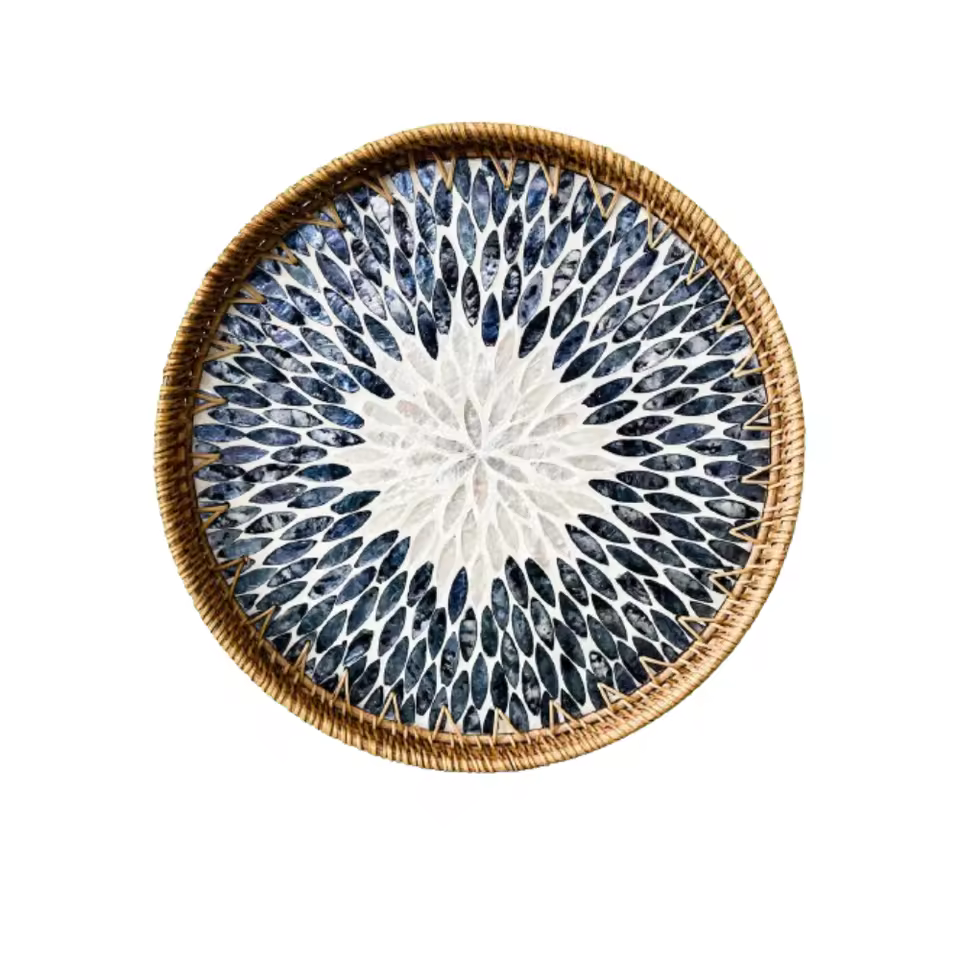 Ready To Ship Boho Style Round Serving Tray Tableware Mother Of Pearl Inlay Rattan Fruit Tray Vietnam Nice Price For Kitchen Use