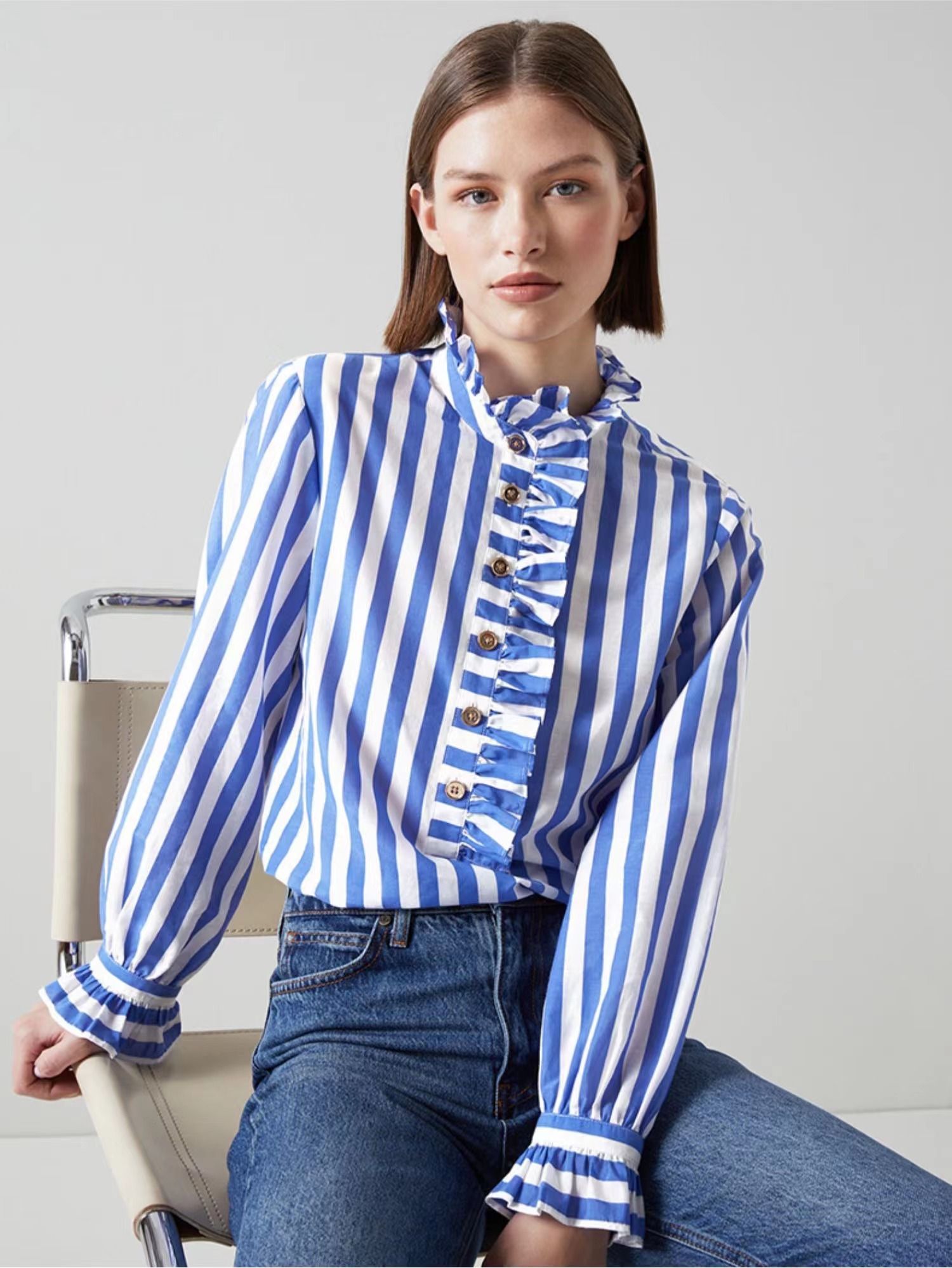 Ladies High Quality Striped Cotton Flare Placket Bell Cuff Shirt Blouse