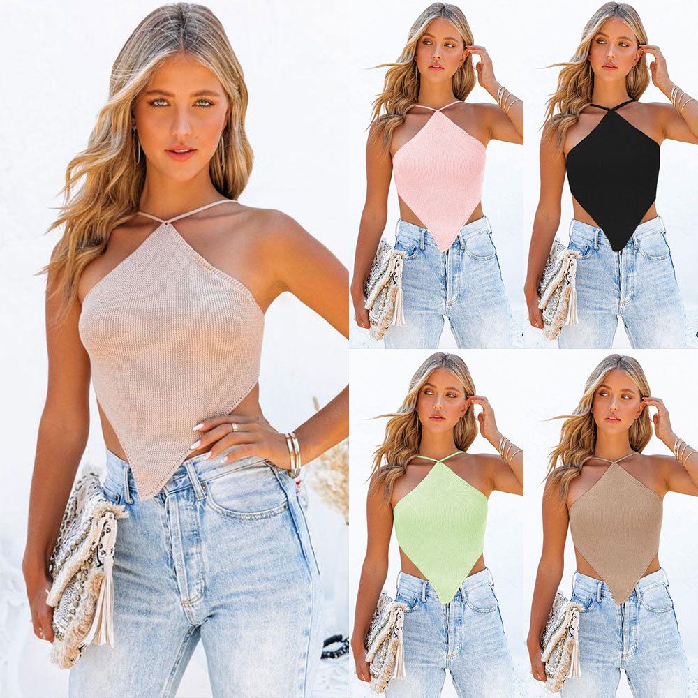 Sexy Halter Camis Women Backless Lace up Solid Color Satin Tank Tops Women Summer Club Party Clothing Crop Top T-Shirt