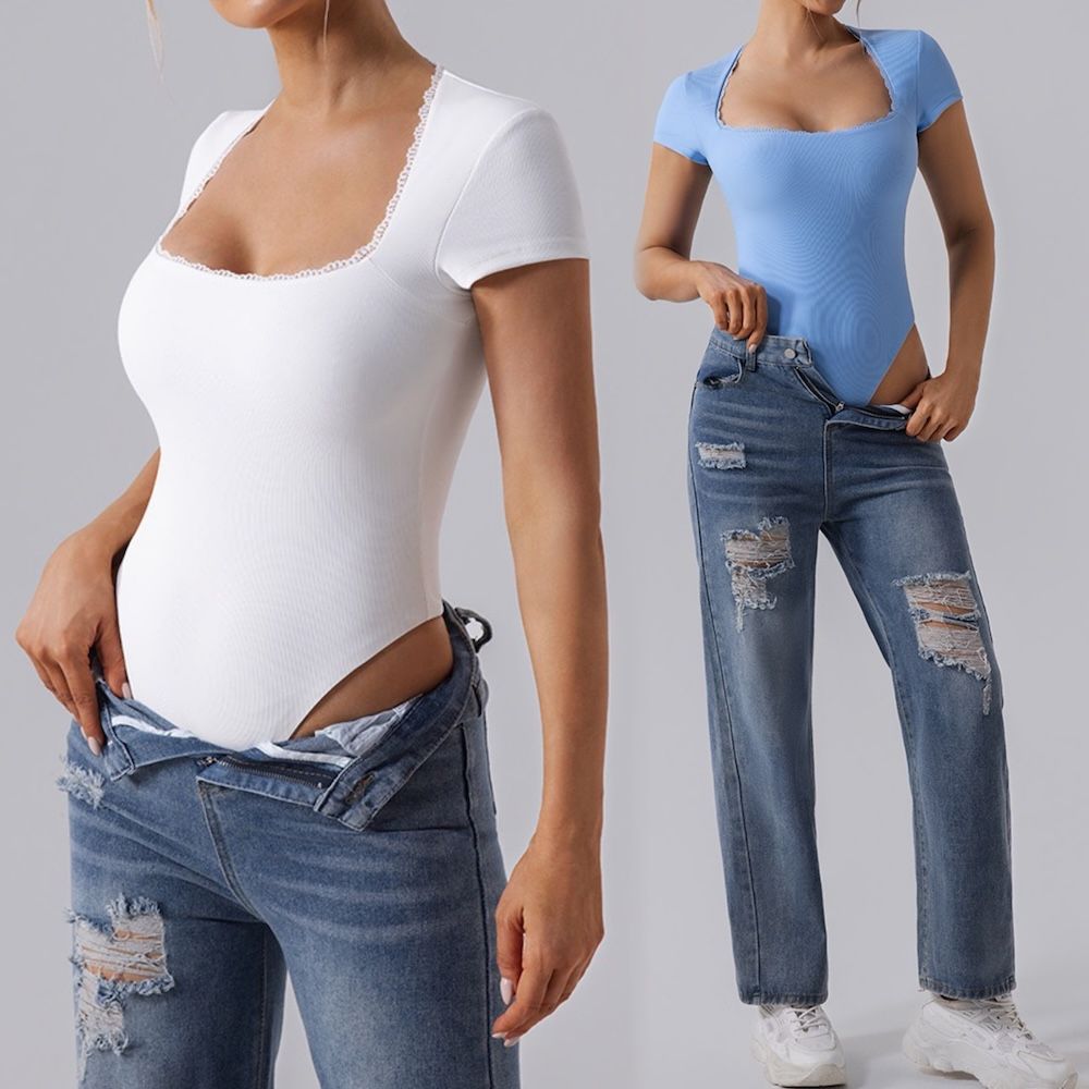 New Cute Lace Decoration Daily Thong Shapewear Square Neck Short Sleeve Athletic Bodysuit for Women, Sexy T-Shirts Top Dance Leotard with Bra and Button Closure