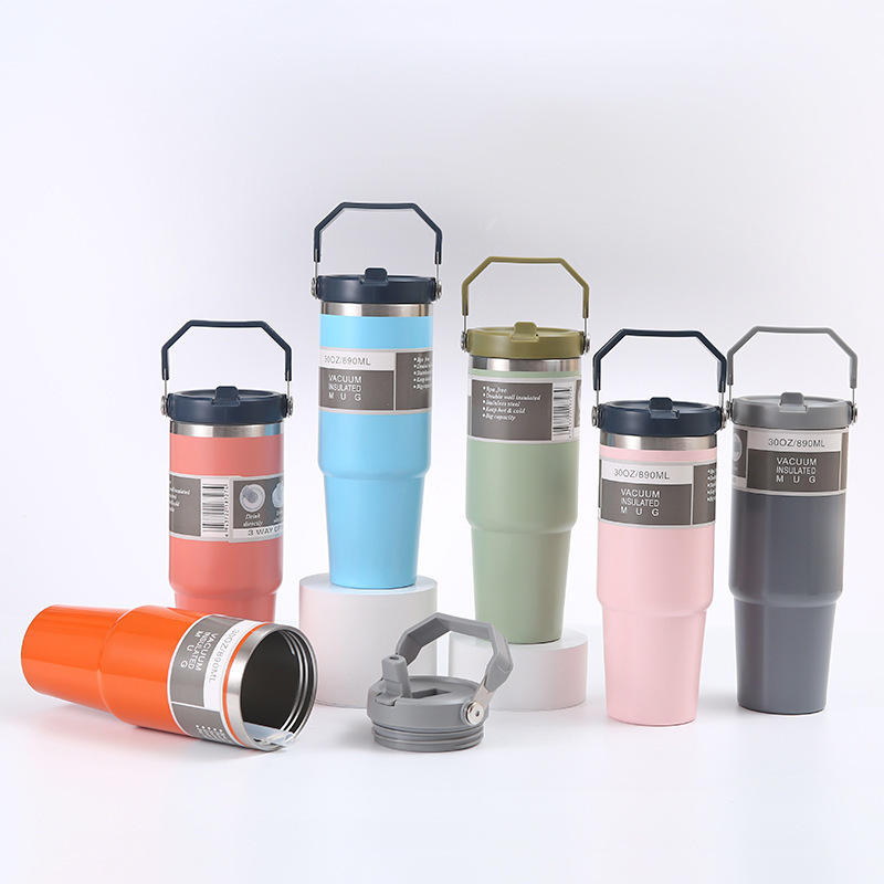 Wholesale OEM Logo 20oz 30oz Stainless Steel Travel Tumbler Double Wall Insulated Beverage Cup with Lid Handle Straw Coffee Wine
