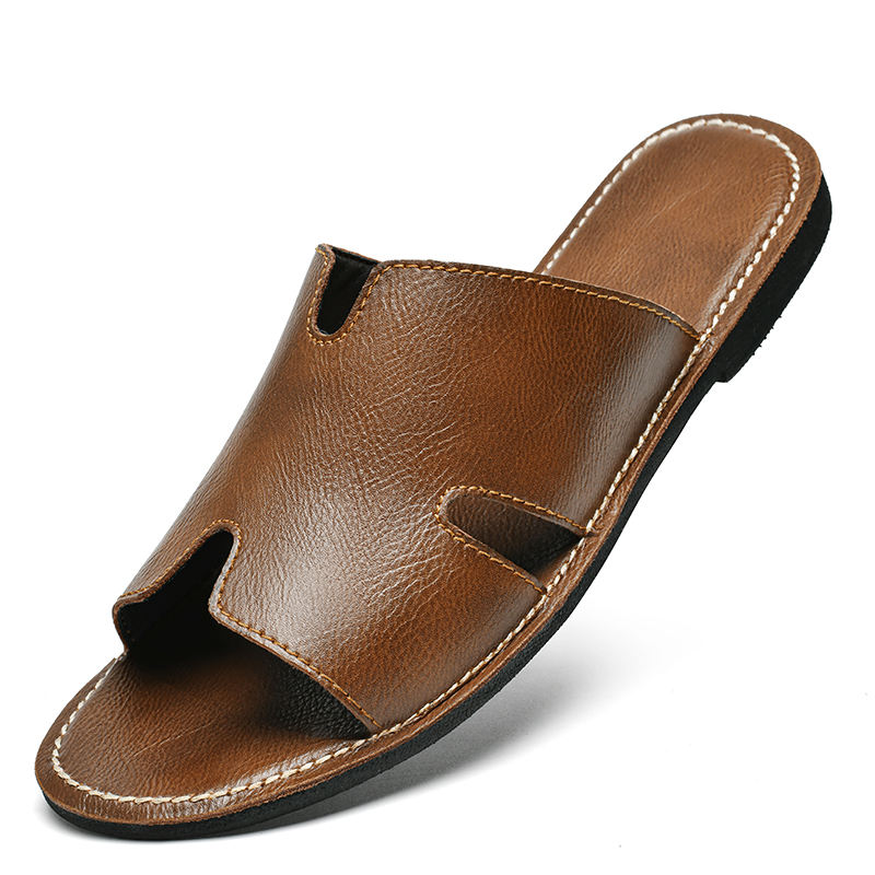 New Products 2025 Wholesale Outdoor Men's Slippers Handmade Leather Sandals Slides Footwear Flat Sandals