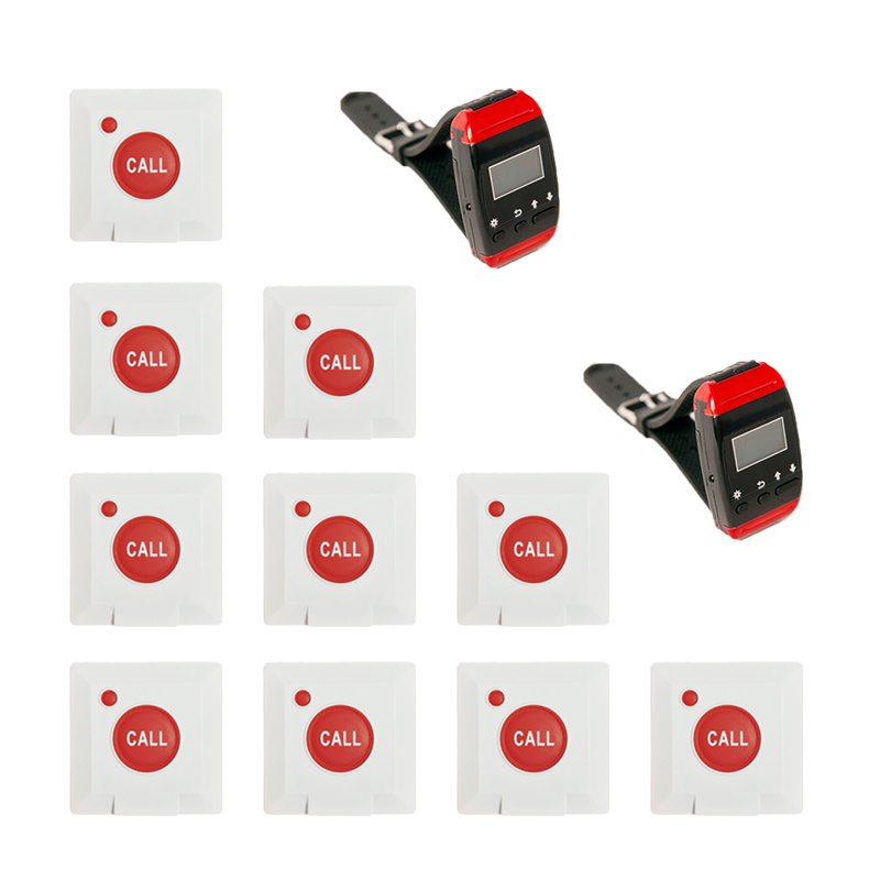 Restaurant Nurse Pager Wireless Waiter Calling System Watch Receiver + 10PCS Call Button for Cafe Clinic Dentist