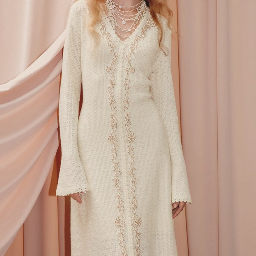 Long-Sleeve V-Neck Slightly Fitted Waist Knitted Dress