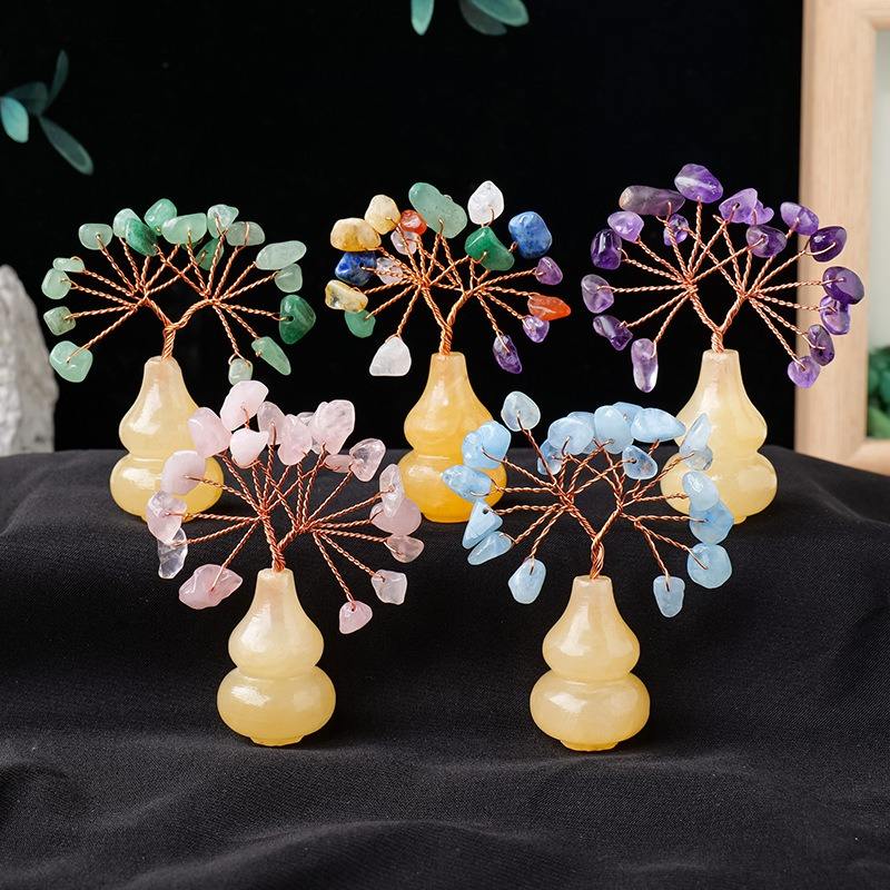 Lucky Tree Crystal Gravel Stone Citrine 7 Chakra Crystal Money Tree Honey Onyx Money Tree Yellow Jade Gourd Base Home Ornaments
