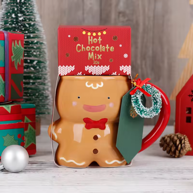 Bespritgift Best Selling 3d Cute Gingerbread Man Mug & Hot Choc Set Cartoon Ceramic Mug Xmas Gift Set For Christmas Gifting