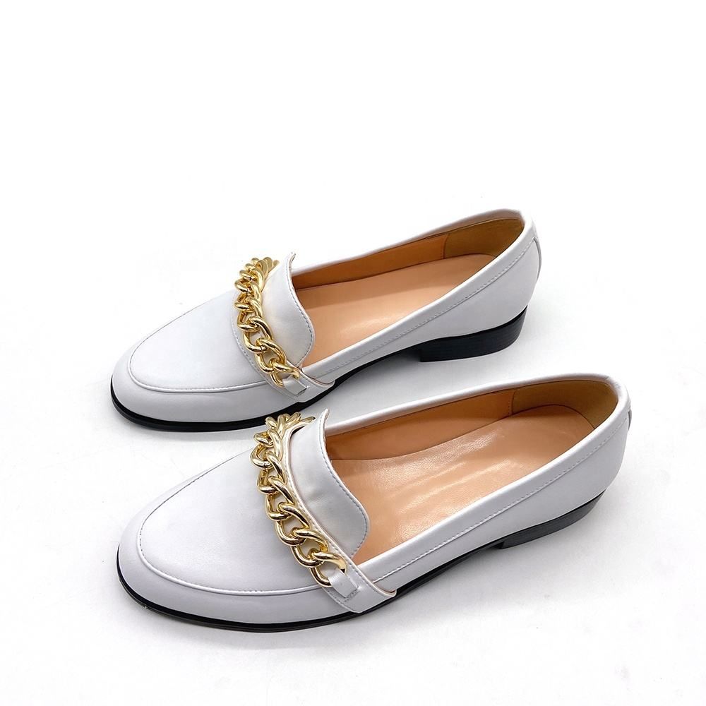 Latest Round Toe Women Loafers with Chain Flat White Casual Shoes