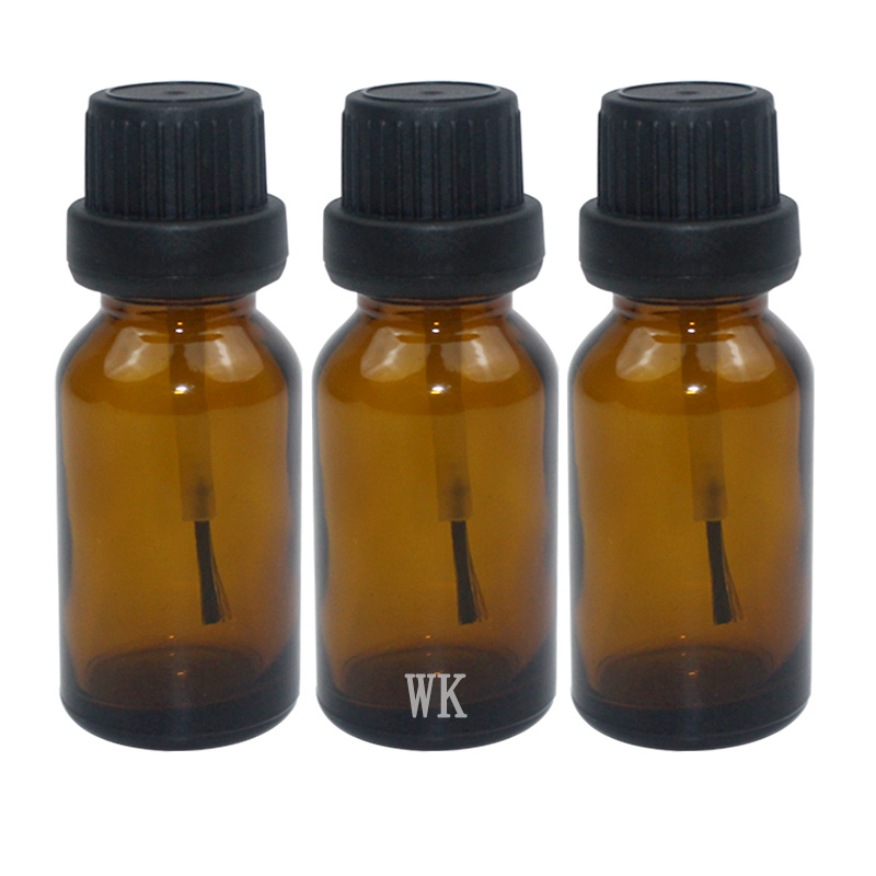China Factory 15ml Amber Glass Brush Bottle Empty Essential Oil Glass Bottles with Brush Cap Applicator