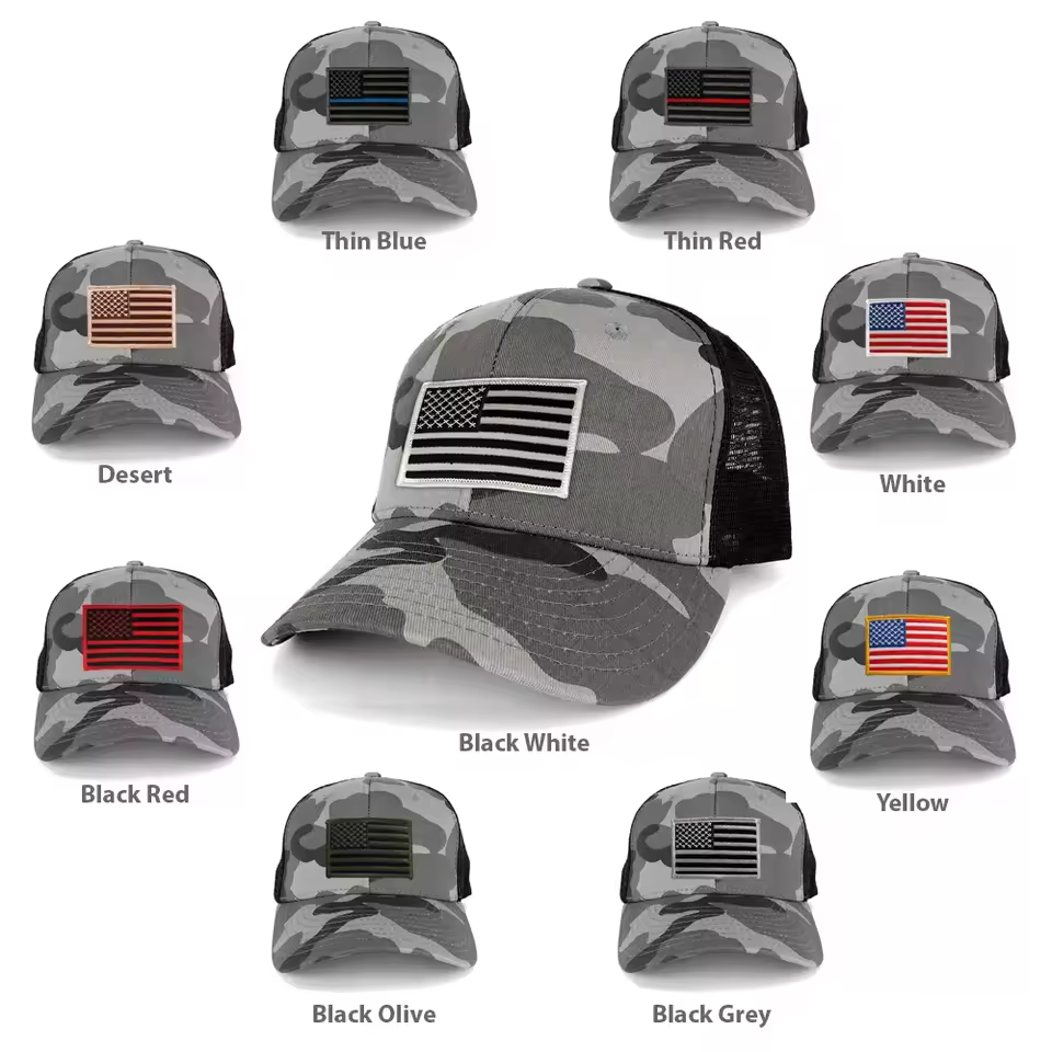 Wholesale Usa American Flag Patches Camo With Custom Logo Sport Adjustable Flat Brim Men Baseball Cap Mesh Trucker Hats Premium