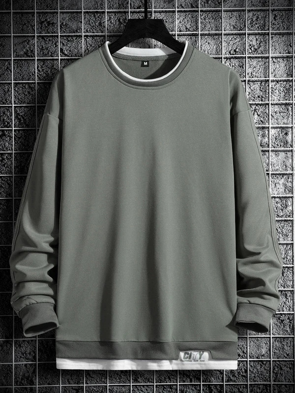 Wholesale Hot Sale Crew Neck Long Sleeve Plain Green Sweatshirt Men Letter Graphic Drop Shoulder Pullover Tops 2 in 1 Sweatshirt