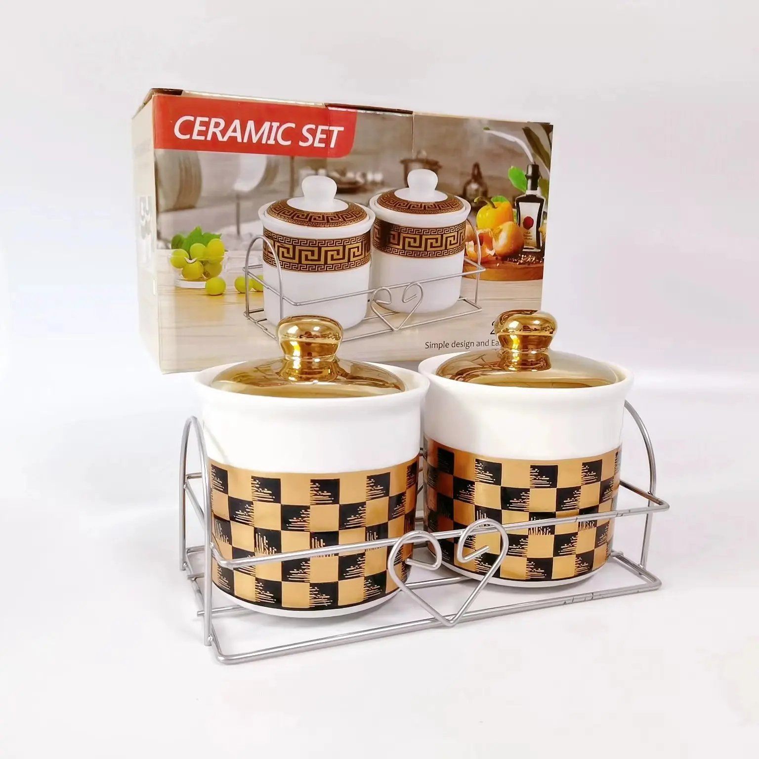 Manufacturer Kitchen Accessories Porcelain Sugar Salt Bowl Spice Storage Jars Household Ceramic Coffee Canisters with Metal Stand