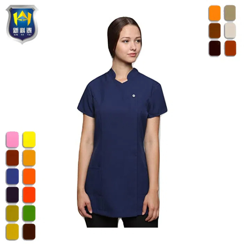 Blue Asymmetrically Styled Women's Beauty Short Sleeve Tunic with Two Pockets