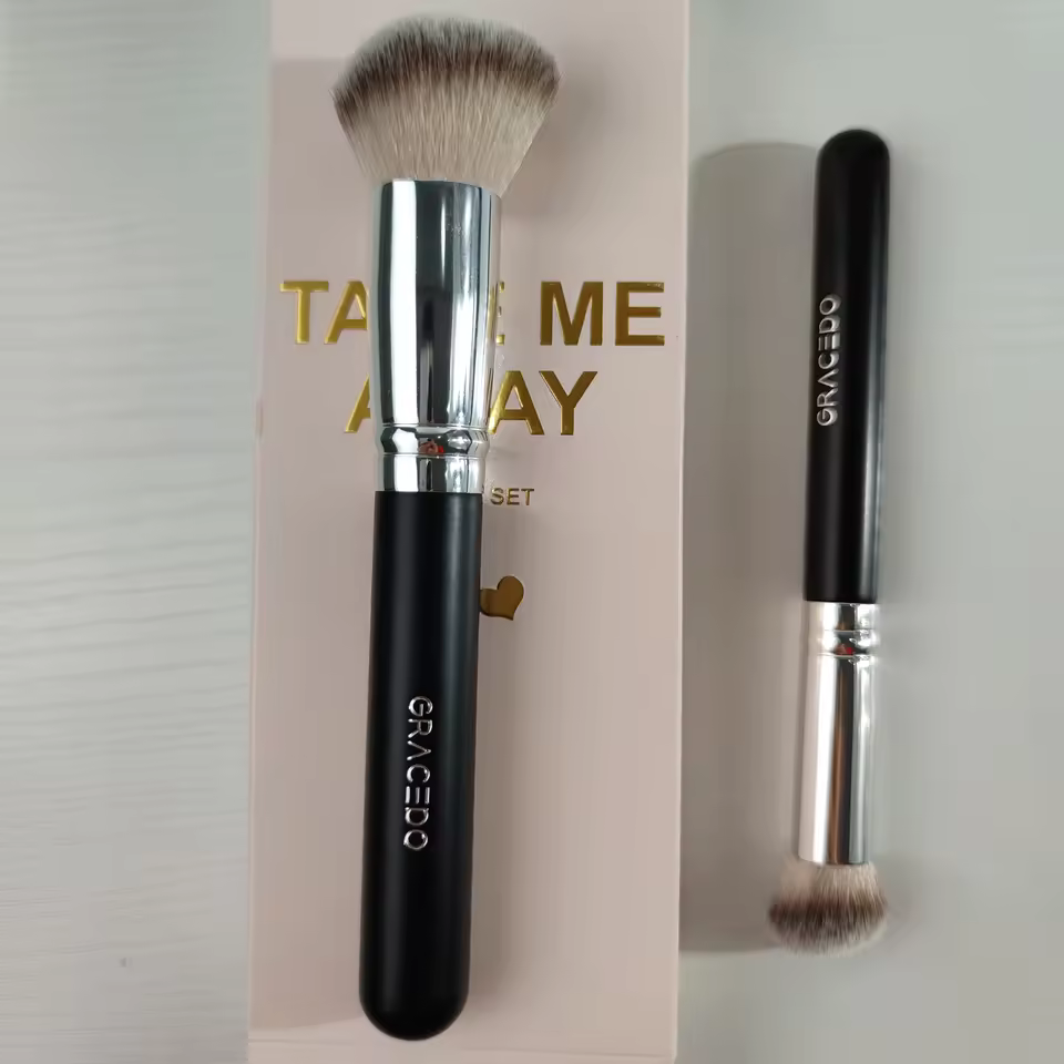 Gracedo 2pcs Professional Makeup Brushes Fan Brush Wood Handle Synthetic Hair Black Private Label Luxury Cosmetics Face