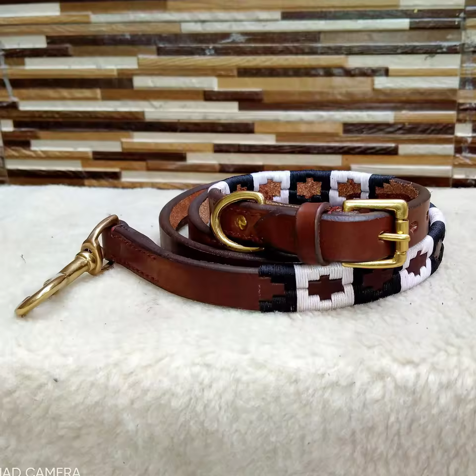 Solid Design Imported Cow Leather Polo Dog Collar Lead High Quality Black White Argentinian Pet Collars Leashes & Harnesses