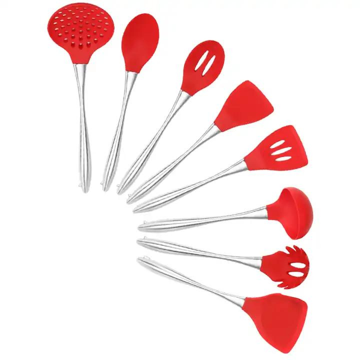 Hot Sale 8 PCS Silicone Gadgets Tongs Skimmer Spatula Cooking Kitchen Utensils Set with Stainless Steel Handle