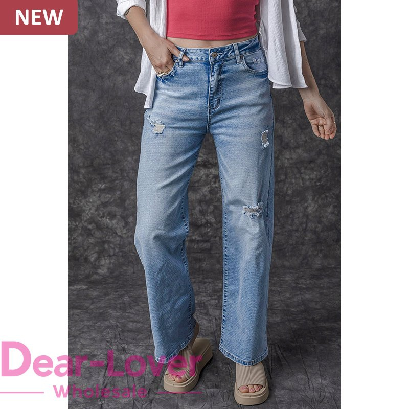 Dear-Lover Wholesale Fast Shipping High Rise Distressed Straight Leg Jeans Femme